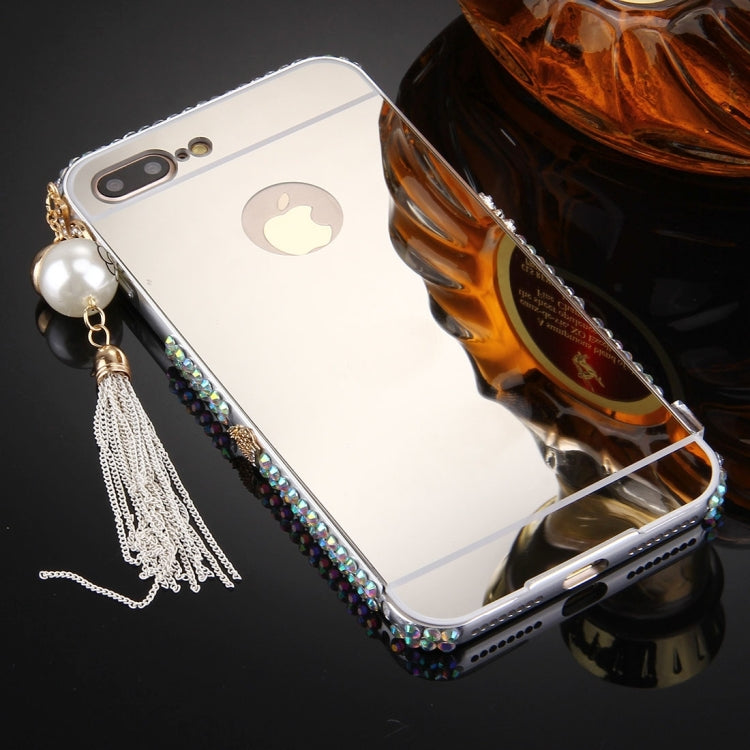 For iPhone 8 Plus & 7 Plus   Pearl Chain Pendant Diamond Encrusted Electroplating Mirror PC Protective Cover Case(Silver)