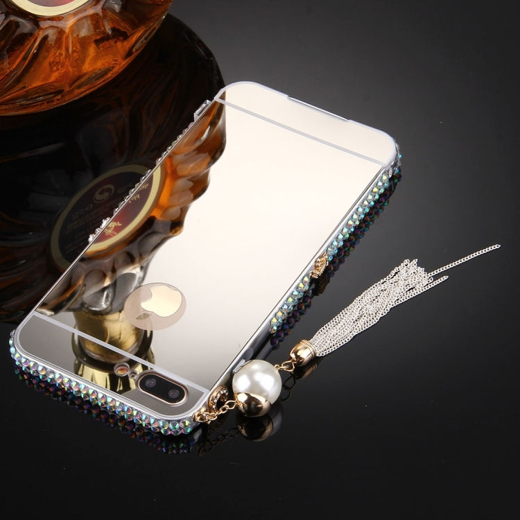 For iPhone 8 Plus & 7 Plus   Pearl Chain Pendant Diamond Encrusted Electroplating Mirror PC Protective Cover Case(Silver)