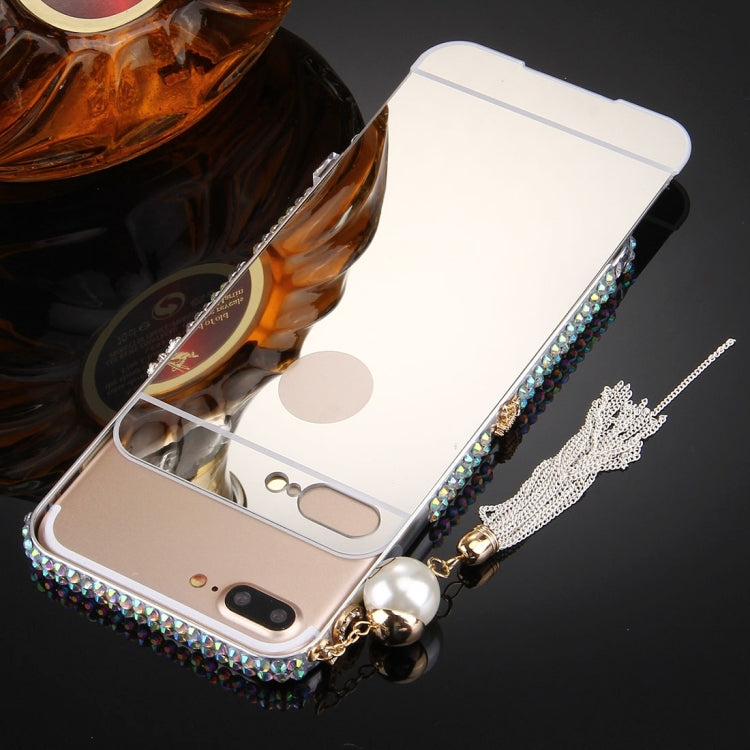 For iPhone 8 Plus & 7 Plus   Pearl Chain Pendant Diamond Encrusted Electroplating Mirror PC Protective Cover Case(Silver)