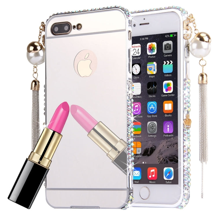 For iPhone 8 Plus & 7 Plus   Pearl Chain Pendant Diamond Encrusted Electroplating Mirror PC Protective Cover Case(Silver)