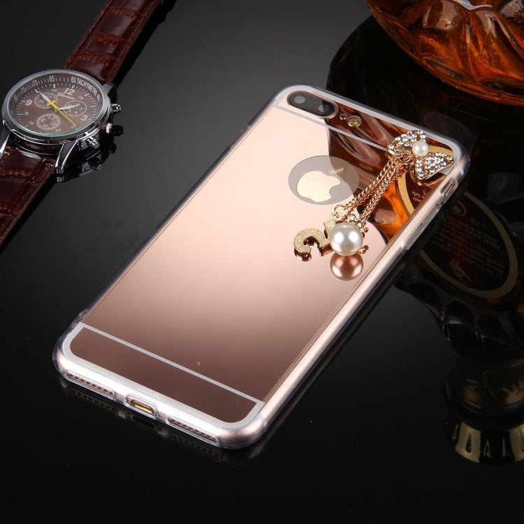 For iPhone 8 Plus & 7 Plus   Electroplating Mirror TPU Protective Cover Case with Diamond Encrusted Bowknot Chain Pendant