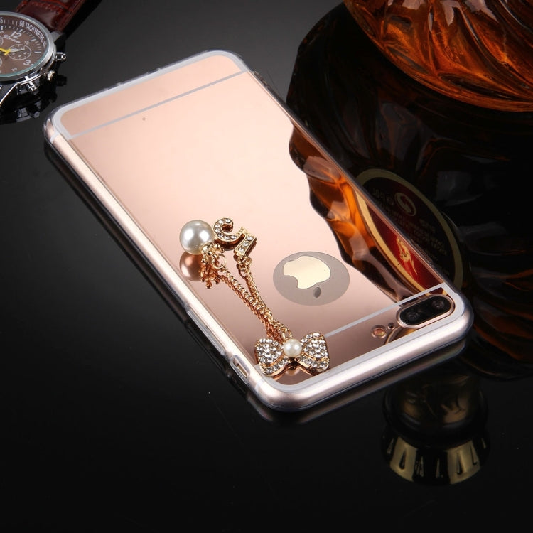 For iPhone 8 Plus & 7 Plus   Electroplating Mirror TPU Protective Cover Case with Diamond Encrusted Bowknot Chain Pendant