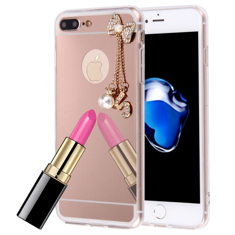 For iPhone 8 Plus & 7 Plus   Electroplating Mirror TPU Protective Cover Case with Diamond Encrusted Bowknot Chain Pendant