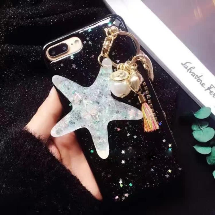 For iPhone 8 Plus & 7 Plus   Glitter Powder Starfish Pattern Soft Protective Back Cover Case with Pearls Pendant(Black)