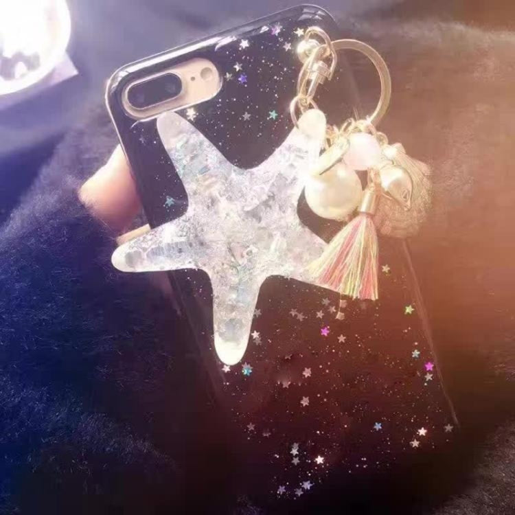 For iPhone 8 Plus & 7 Plus   Glitter Powder Starfish Pattern Soft Protective Back Cover Case with Pearls Pendant(Black)