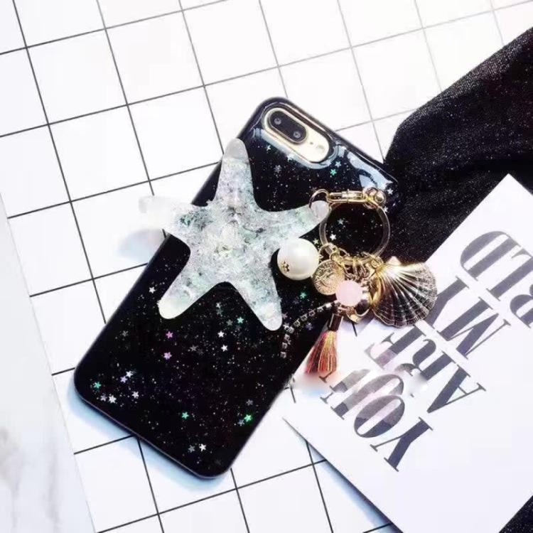 For iPhone 8 Plus & 7 Plus   Glitter Powder Starfish Pattern Soft Protective Back Cover Case with Pearls Pendant(Black)