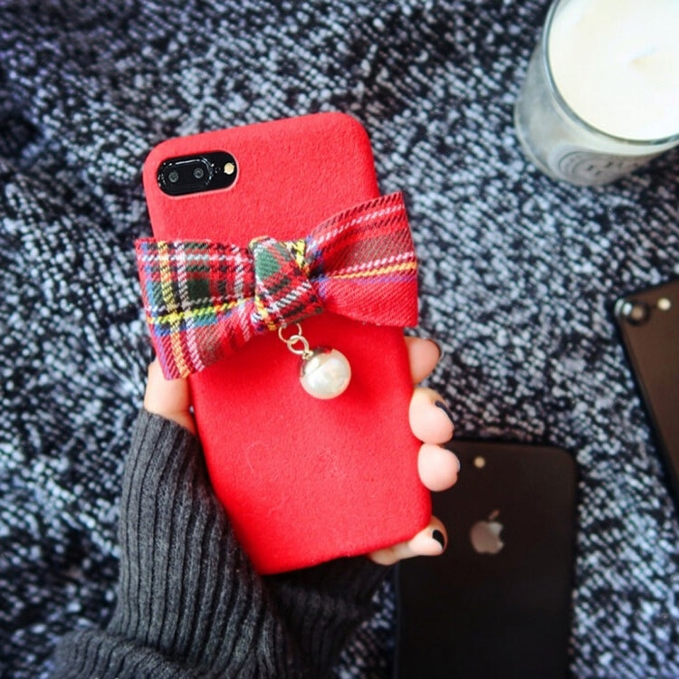 For iPhone 8 Plus & 7 Plus   Handmade Pearl Bowknot Microfiber Protective Back Cover Case(Red)