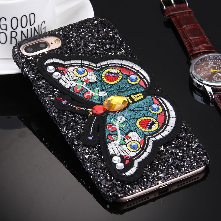 For iPhone 8 Plus & 7 Plus   Embroidery Butterfly Pattern Glitter Powder Acrylic Protective Back Cover Case, Random Style Delivery(Black)