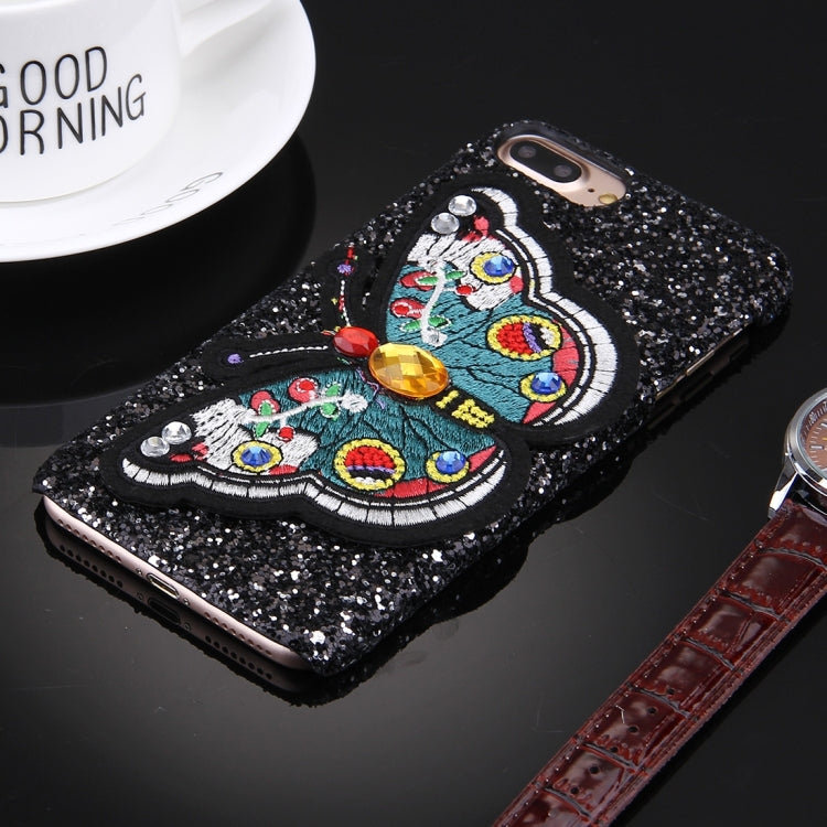For iPhone 8 Plus & 7 Plus   Embroidery Butterfly Pattern Glitter Powder Acrylic Protective Back Cover Case, Random Style Delivery(Black)