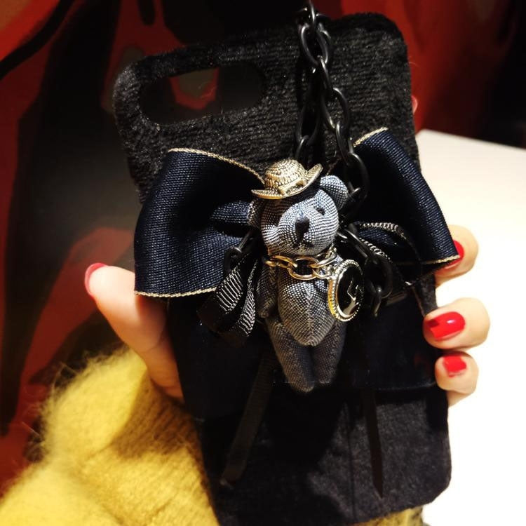 For iPhone 8 Plus & 7 Plus   3D Lovely Bear Plush Cloth Back Cover Case with Sling(Dark Blue)