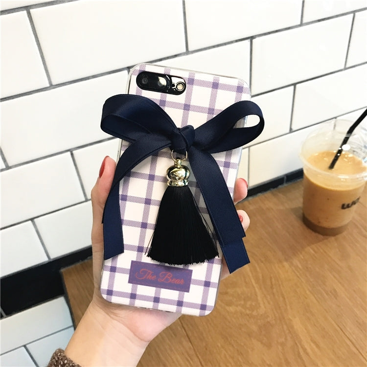 For iPhone 7 Plus 3D Bowknot Lattice Pattern Soft TPU Protective Back Cover Case with Tassels Pendant