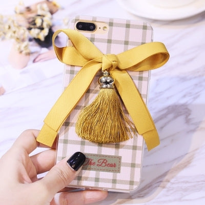 For iPhone 7 Plus 3D Bowknot Lattice Pattern Soft TPU Protective Back Cover Case with Tassels Pendant