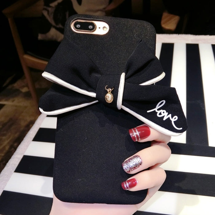For iPhone 8 Plus & 7 Plus   3D Bowknot Plush Cloth Soft TPU Protective Back Cover Case (Black)