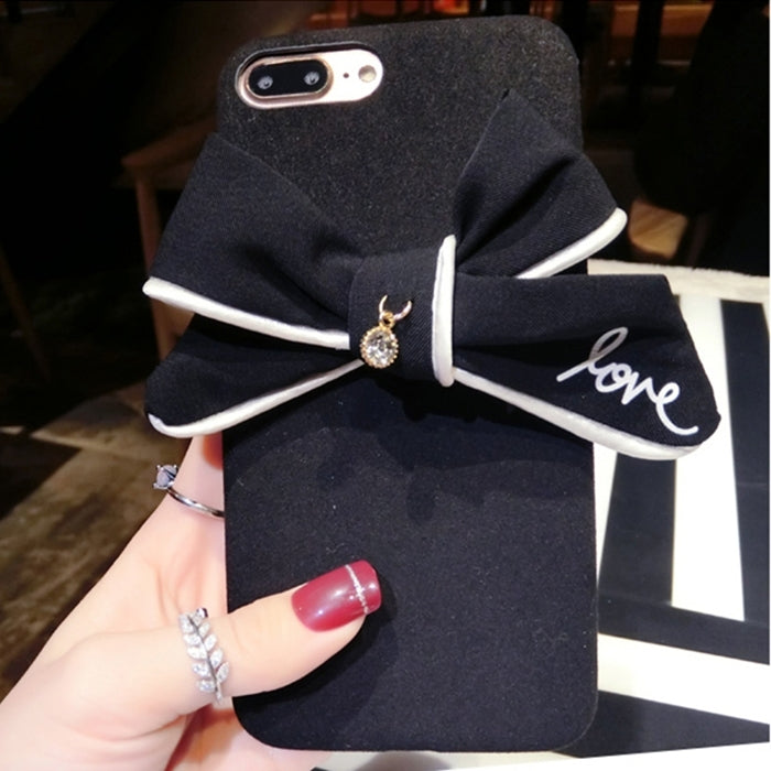 For iPhone 8 Plus & 7 Plus   3D Bowknot Plush Cloth Soft TPU Protective Back Cover Case (Black)