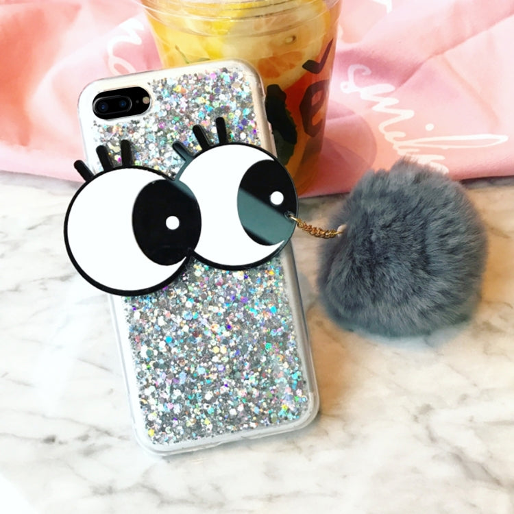 For iPhone 8 Plus & 7 Plus   3D Big Eyes Furry Ball Glitter Powder Soft TPU Back Cover Case