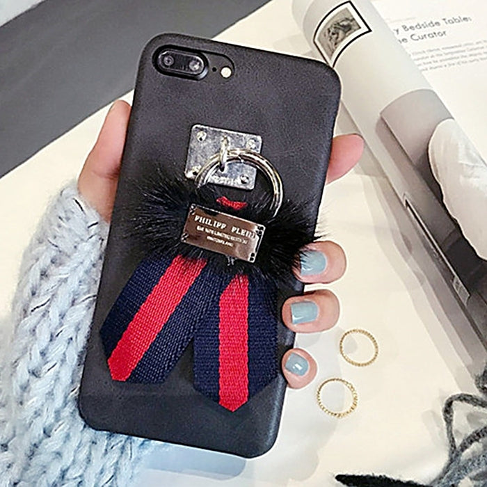 For iPhone 8 Plus & 7 Plus   PU Leather Protective Back Cover Case with Black Plush + Red and Blue Cloth Pendant (Black)