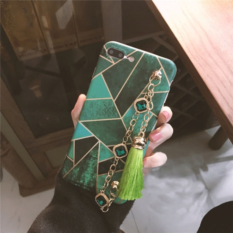 For iPhone 8 Plus & 7 Plus   Geometric Figure Full Coverage Soft Protective Back Cover Case with Diamond Chain Tassels Pendant(Green)