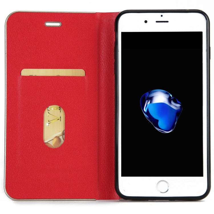 For iPhone 8 Plus & 7 Plus   Cowhide Texture PC Bumper Frame Strong Magnetic Adsorption Horizontal Flip Leather Case with Card Slots & Holder