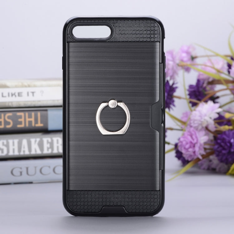 For iPhone 8 Plus & 7 Plus   Texture Metal Protective Back Case with Ring Holder Stand & Card Slot