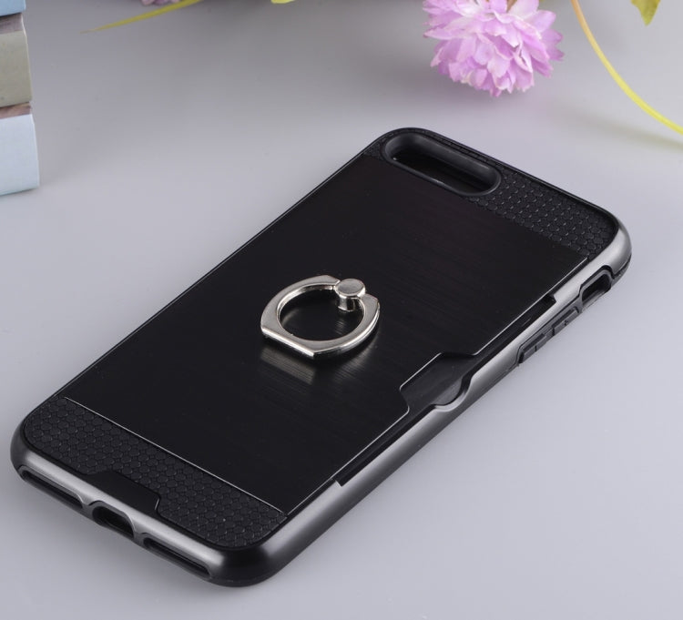 For iPhone 8 Plus & 7 Plus   Texture Metal Protective Back Case with Ring Holder Stand & Card Slot