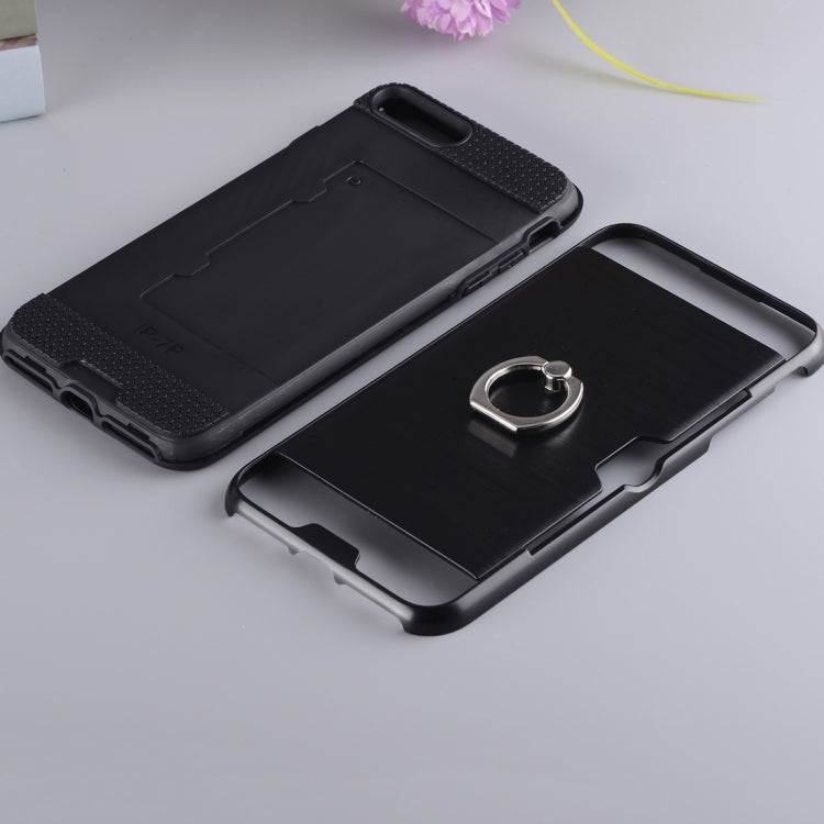 For iPhone 8 Plus & 7 Plus   Texture Metal Protective Back Case with Ring Holder Stand & Card Slot