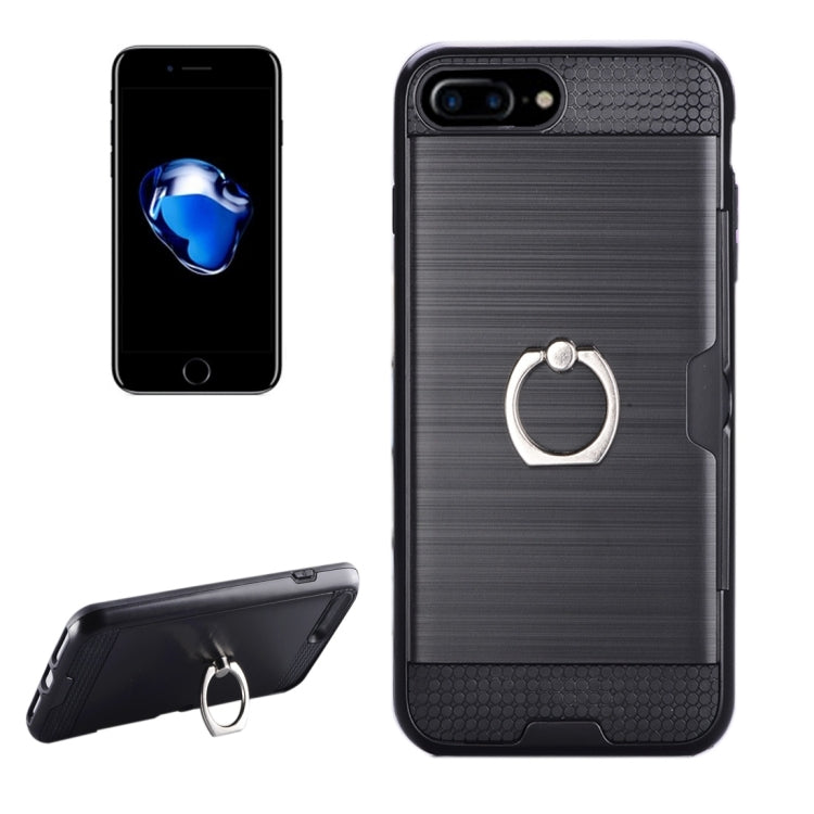 For iPhone 8 Plus & 7 Plus   Texture Metal Protective Back Case with Ring Holder Stand & Card Slot