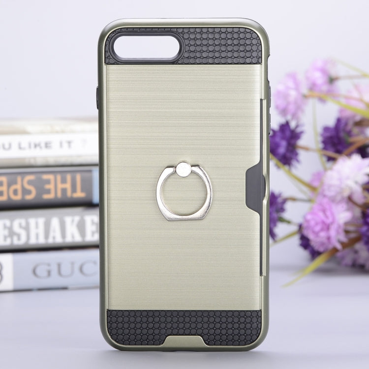 For iPhone 8 Plus & 7 Plus   Texture Metal Protective Back Case with Ring Holder Stand & Card Slot