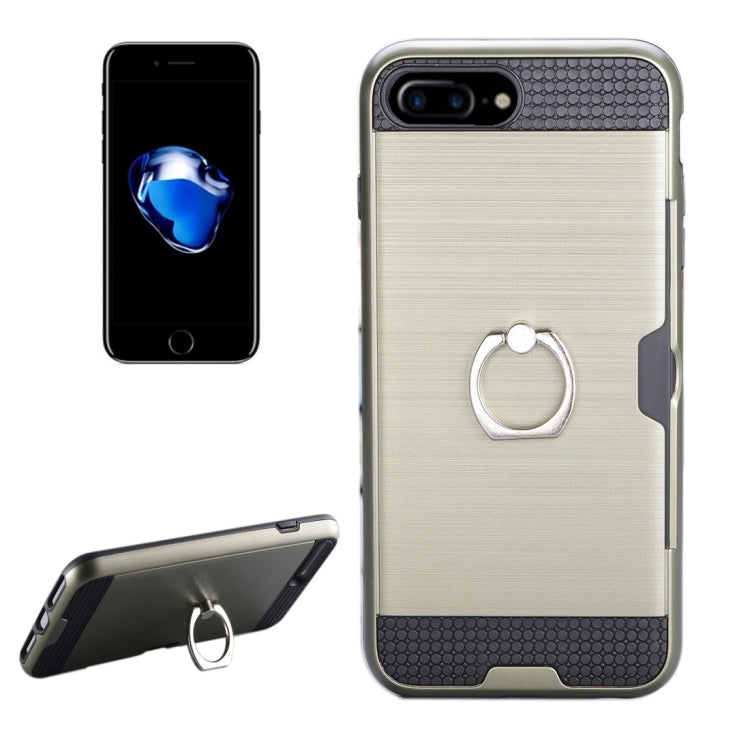For iPhone 8 Plus & 7 Plus   Texture Metal Protective Back Case with Ring Holder Stand & Card Slot