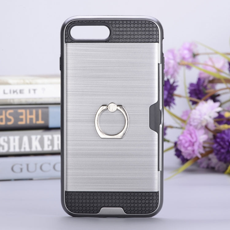 For iPhone 8 Plus & 7 Plus   Texture Metal Protective Back Case with Ring Holder Stand & Card Slot