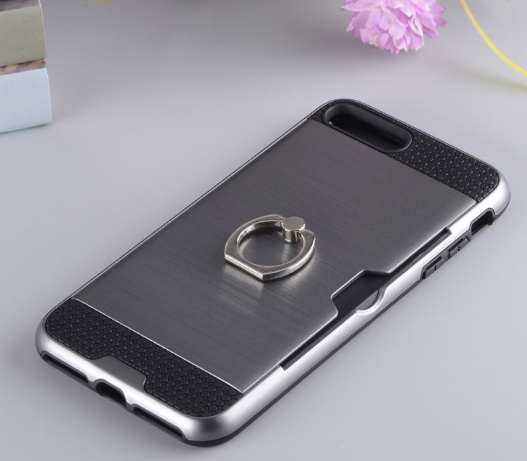 For iPhone 8 Plus & 7 Plus   Texture Metal Protective Back Case with Ring Holder Stand & Card Slot