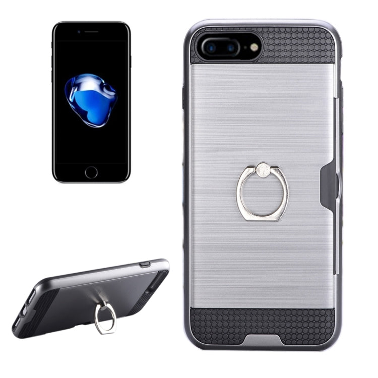 For iPhone 8 Plus & 7 Plus   Texture Metal Protective Back Case with Ring Holder Stand & Card Slot