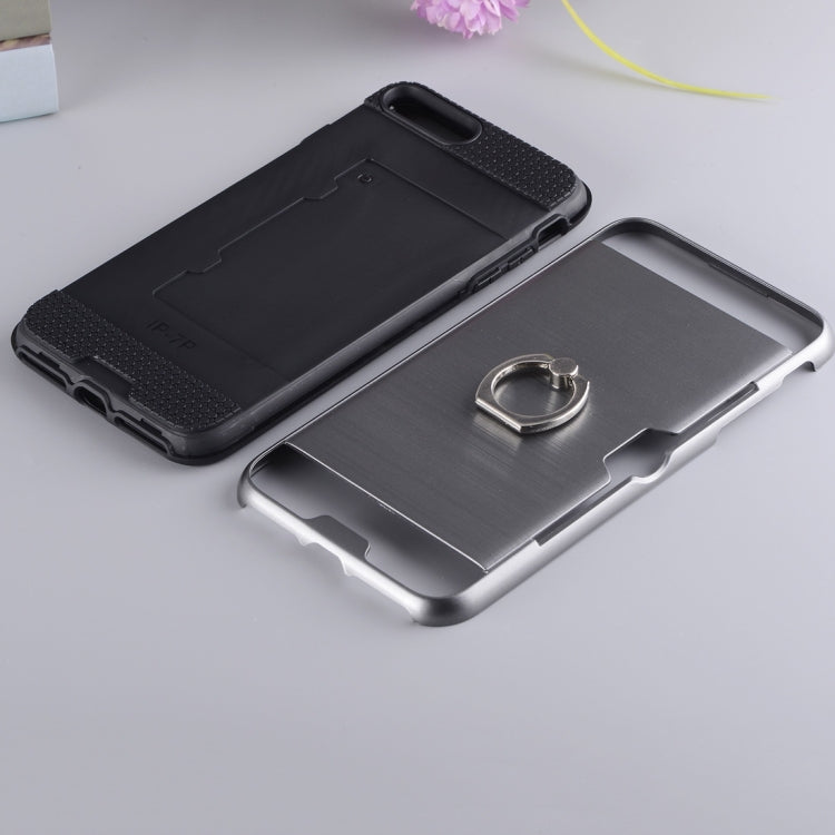 For iPhone 8 Plus & 7 Plus   Texture Metal Protective Back Case with Ring Holder Stand & Card Slot
