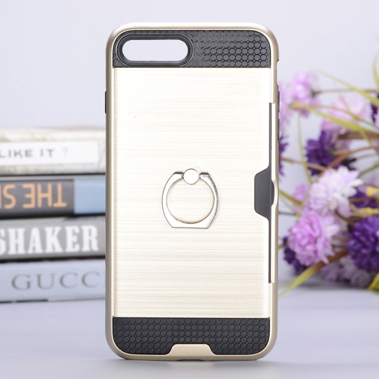For iPhone 8 Plus & 7 Plus   Texture Metal Protective Back Case with Ring Holder Stand & Card Slot