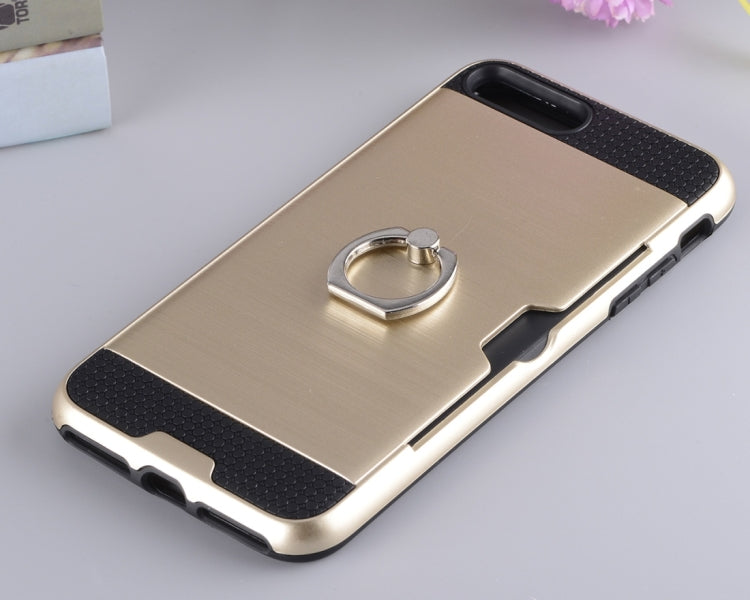 For iPhone 8 Plus & 7 Plus   Texture Metal Protective Back Case with Ring Holder Stand & Card Slot