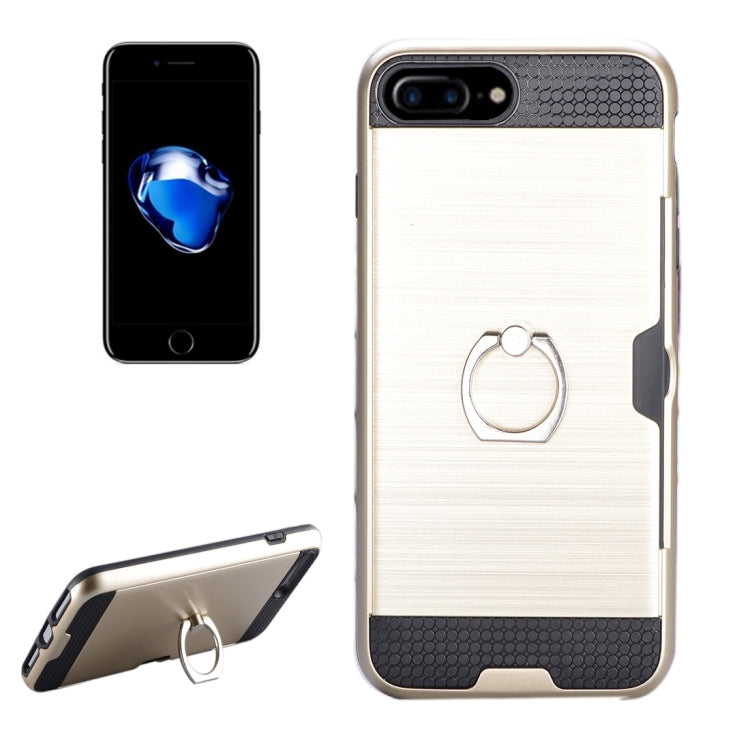 For iPhone 8 Plus & 7 Plus   Texture Metal Protective Back Case with Ring Holder Stand & Card Slot