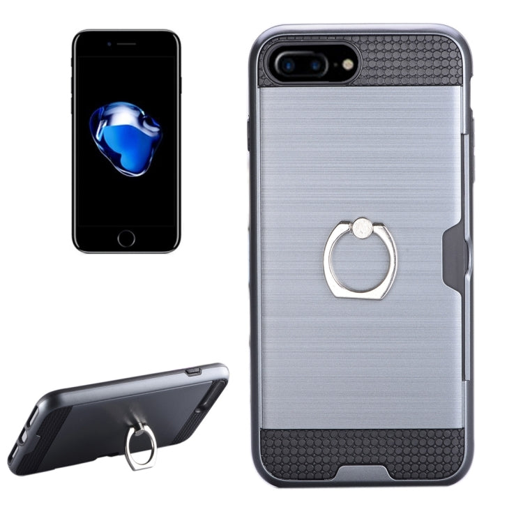 For iPhone 8 Plus & 7 Plus   Texture Metal Protective Back Case with Ring Holder Stand & Card Slot