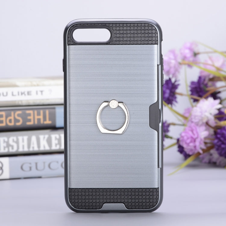 For iPhone 8 Plus & 7 Plus   Texture Metal Protective Back Case with Ring Holder Stand & Card Slot