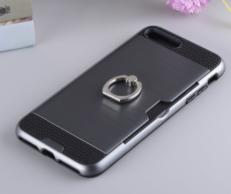 For iPhone 8 Plus & 7 Plus   Texture Metal Protective Back Case with Ring Holder Stand & Card Slot