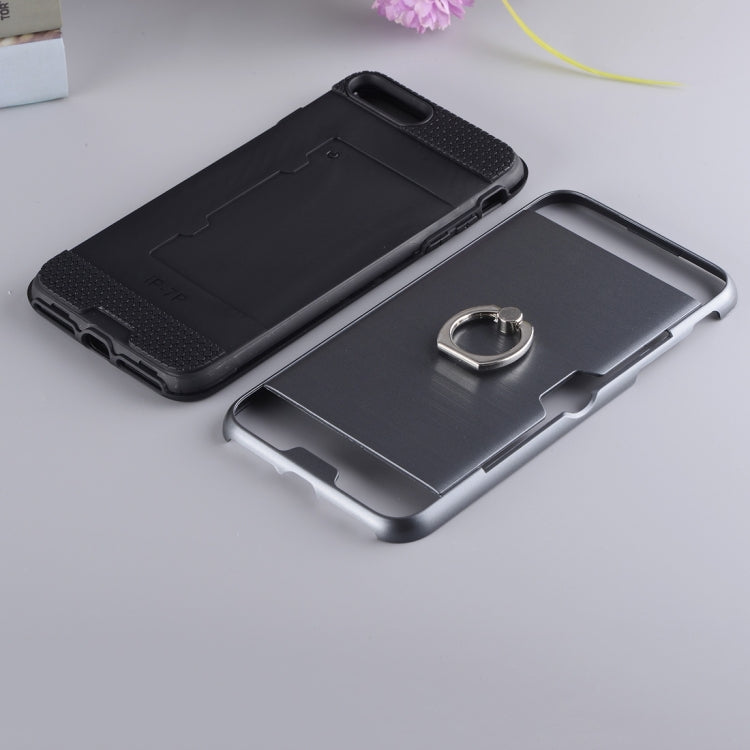 For iPhone 8 Plus & 7 Plus   Texture Metal Protective Back Case with Ring Holder Stand & Card Slot