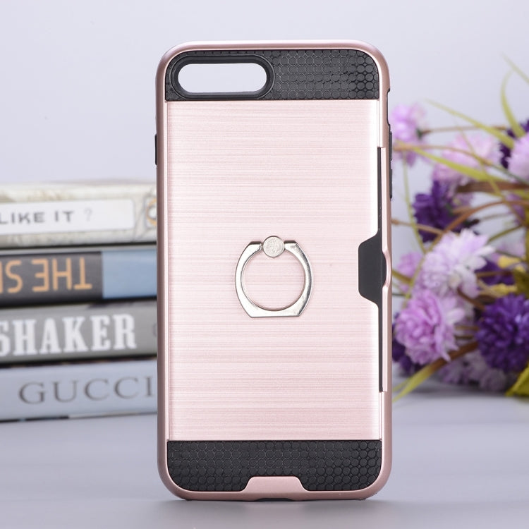 For iPhone 8 Plus & 7 Plus   Texture Metal Protective Back Case with Ring Holder Stand & Card Slot