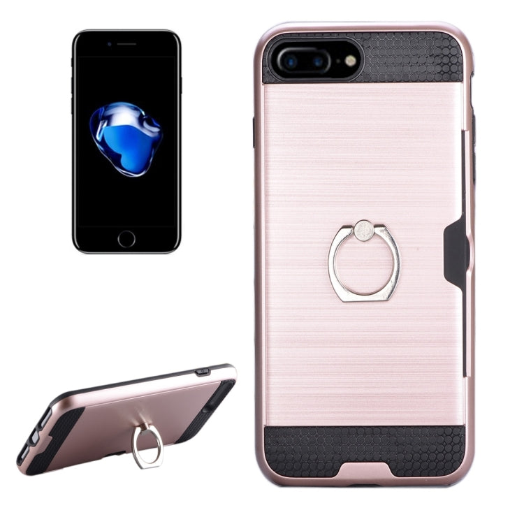 For iPhone 8 Plus & 7 Plus   Texture Metal Protective Back Case with Ring Holder Stand & Card Slot