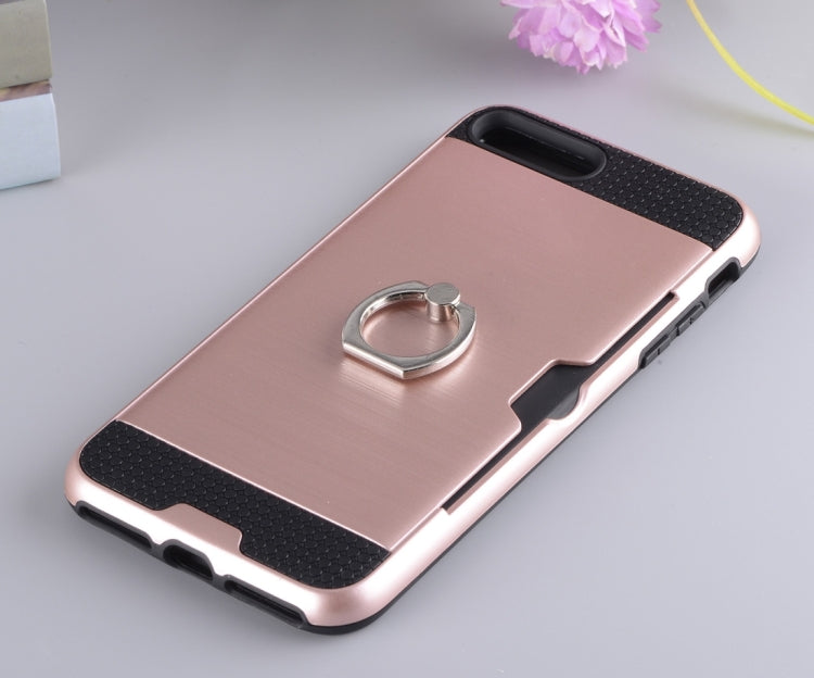 For iPhone 8 Plus & 7 Plus   Texture Metal Protective Back Case with Ring Holder Stand & Card Slot
