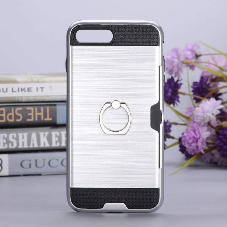 For iPhone 8 Plus & 7 Plus   Texture Metal Protective Back Case with Ring Holder Stand & Card Slot