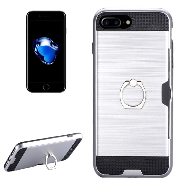 For iPhone 8 Plus & 7 Plus   Texture Metal Protective Back Case with Ring Holder Stand & Card Slot