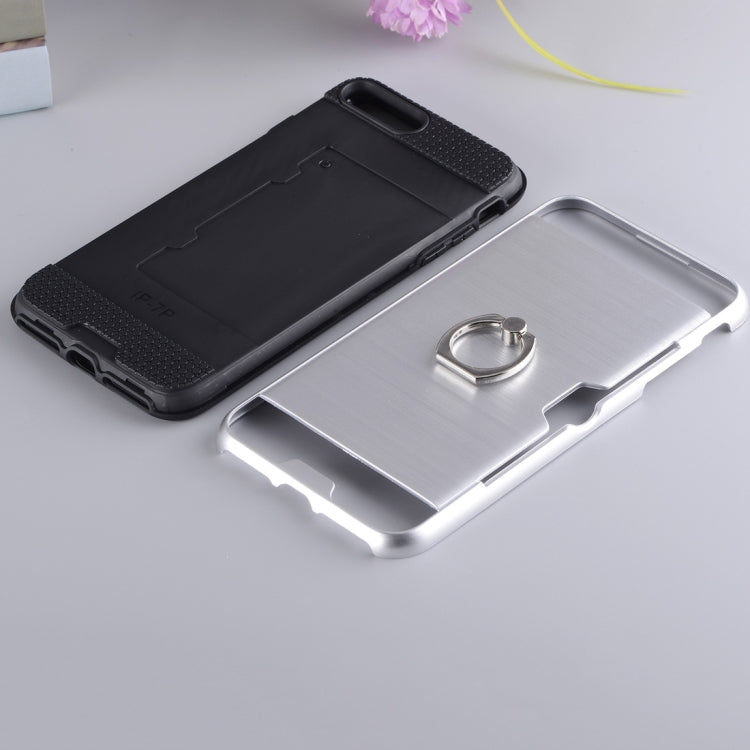 For iPhone 8 Plus & 7 Plus   Texture Metal Protective Back Case with Ring Holder Stand & Card Slot