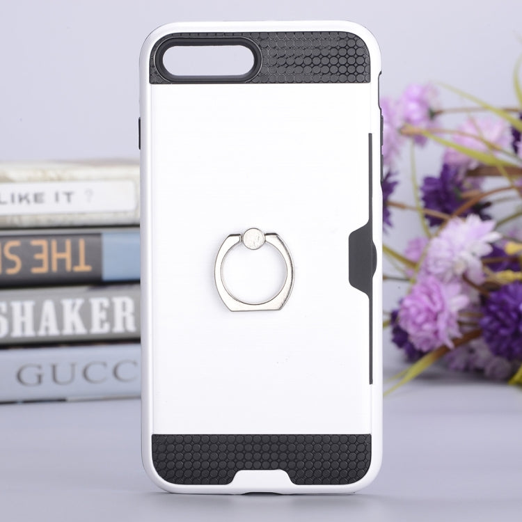 For iPhone 8 Plus & 7 Plus   Texture Metal Protective Back Case with Ring Holder Stand & Card Slot