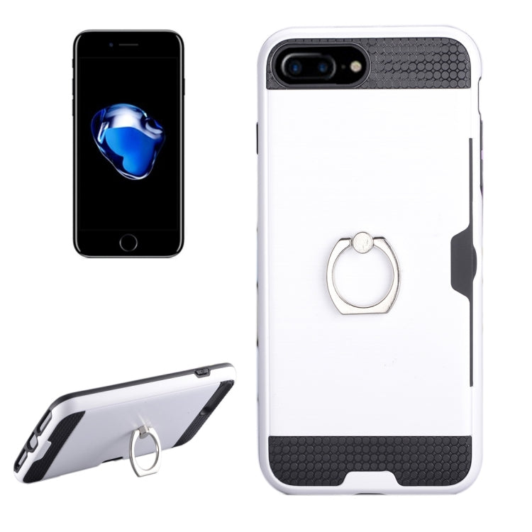 For iPhone 8 Plus & 7 Plus   Texture Metal Protective Back Case with Ring Holder Stand & Card Slot
