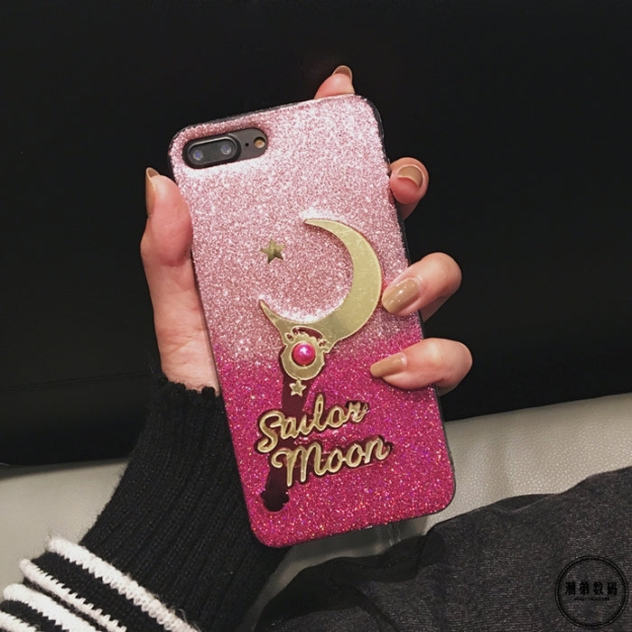 For iPhone 8 Plus & 7 Plus   Star and Moon Pattern Glitter Powder Gradient Protective Back Cover Case(Magenta+Pink)