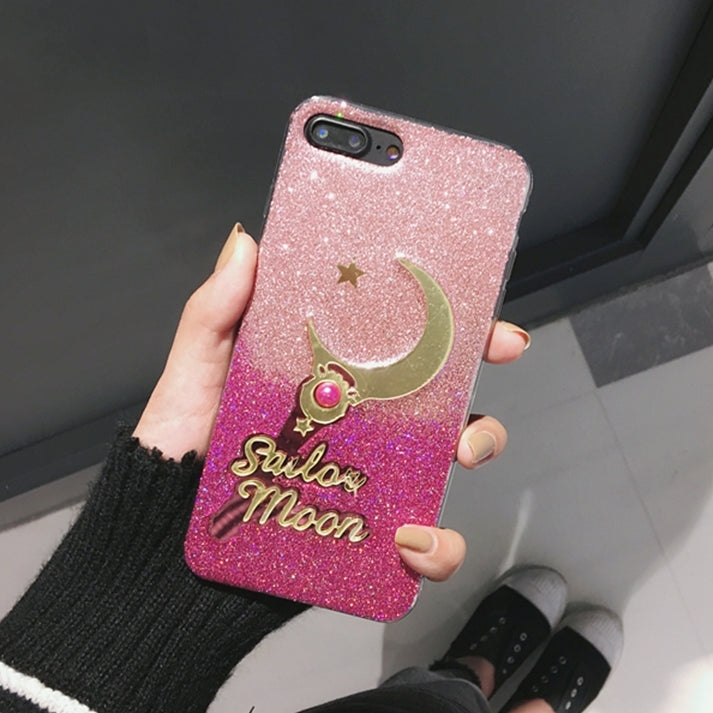 For iPhone 8 Plus & 7 Plus   Star and Moon Pattern Glitter Powder Gradient Protective Back Cover Case(Magenta+Pink)