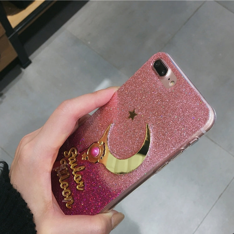 For iPhone 8 Plus & 7 Plus   Star and Moon Pattern Glitter Powder Gradient Protective Back Cover Case(Magenta+Pink)
